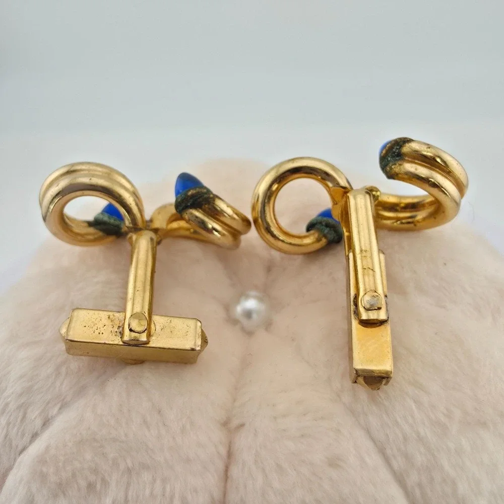 Vtg 80 Yr Old Swirled Cufflinks Blue Glass Accents Swirling Knot Gold Plate